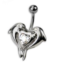 Stahl Bauchnabelpiercing mit zwei Delfinen und herzförmigem Swarowski