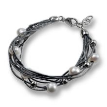 Lederarmband grau mit Süsswasserperlen