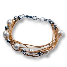 Lederarmband hell braun mit Süsswasserperlen