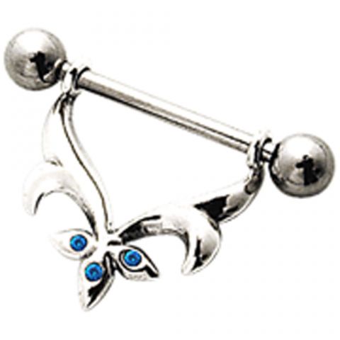 Brustwarzen-Piercing aus 925* Sterling Silber, das Design ist mit einem Swarovskistein besetzt, der Barbell wird durch zwei Ösen im Motiv geschoben welches 