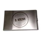 Gravurbeispiel Business card case made of matted stainless steel with individual engraving, opens on the side