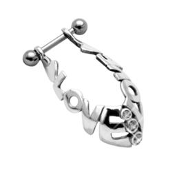 Helix ear piercing 1.2x6mm with 925 sterling silver design lettering LOVE and crystal