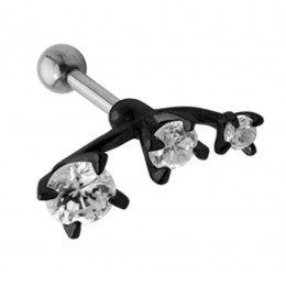 Helix ear piercing 1.2x6mm with 925 sterling silver design with three clear crystals, set in black