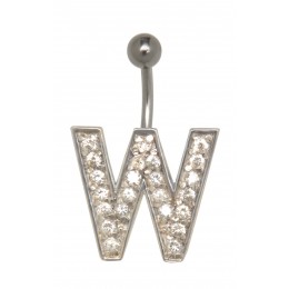 Belly button body jewelry piercing in ABC design with zirconia - letter W,1.6x6mm / 1.6x8mm / 1.6x10mm / 1.6x12mm / 1.6x14mm