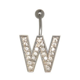 Belly button body jewelry piercing in ABC design with zirconia - letter W,1.6x6mm / 1.6x8mm / 1.6x10mm / 1.6x12mm / 1.6x14mm