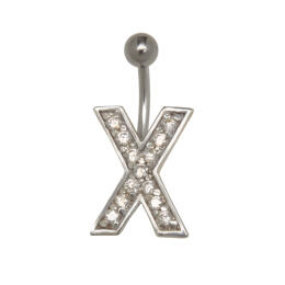 Belly button body jewelry piercing in ABC design with zirconia - letter X,1.6x6mm / 1.6x8mm / 1.6x10mm / 1.6x12mm / 1.6x14mm