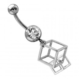 Curved navel piercing, transparent crystal, attached mini cage