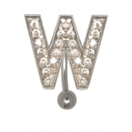 Belly button body jewelry piercing in ABC design with zirconia - letter W, 1.6x6mm / 1.6x8mm / 1.6x10mm / 1.6x12mm / 1.6x14mm