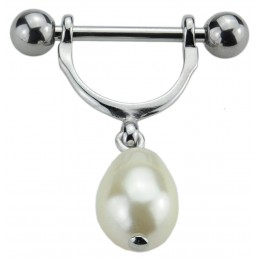 Nipple piercing with an attached elongated synthetic pearl