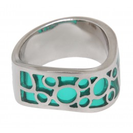 Steel ring with turquoise colored acrylic areas