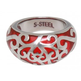 Steel ring with red acrylic color surface ornaments