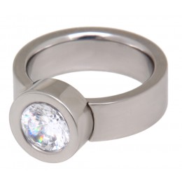 Polished stainless steel ring with a large 6mm wide crystal stone