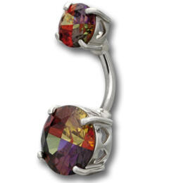 Belly button piercing with two multi-color crystals, 7 & 11mm in diameter