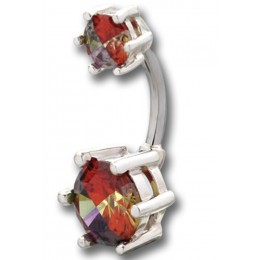 Belly button piercing with two multi-color crystals, 5 & 8mm in diameter