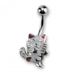 Belly button piercing 1.6x10mm with a white cat made of 925 silver