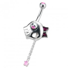 Belly button piercing with bobble skull, 1.6x10mm, pink crystal star