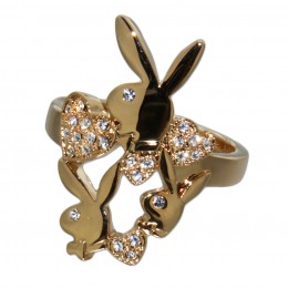 Playboy Fingerring vergoldet Design 3 Hasen mit Kristallen