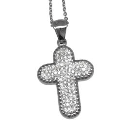 Cross pendant in stainless steel with clear crystals on the front
