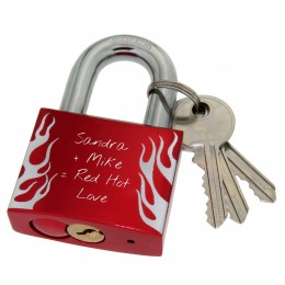 Love lock red made of aluminum 50mm with flame motif and your individual engraving