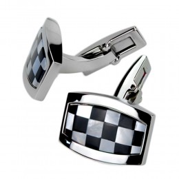 Cufflinks made of stainless steel, high-gloss finish, black & mother of pearl checkerboard pattern