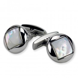 Round stainless steel cufflinks with a square mother-of-pearl inlay, 16mm