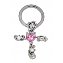 Decorative piercing made of surgical steel and sterling silver for the nipple, cross with a heart-shaped zircon