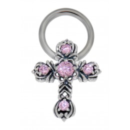 Nipple piercing made of surgical steel and sterling silver, filigree cross with 4 crystals