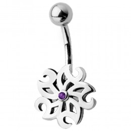 Piercing curved navel with gothic design, flower-like