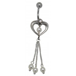 Heart shaped navel piercing 1.6x10mm with crystals and white faux pearls