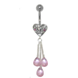 Belly button piercing with motif made of 925 sterling silver and three pendant briolette crystals