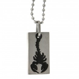 Two-piece stainless steel pendant with PVD black colored scorpion and ball chain