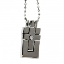Two piece polished stainless steel cross pendant with clear crystal