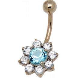 9 carat gold navel piercing crystal flower DRAMA, round light blue crystal in the center