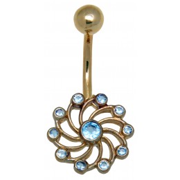 9k gold belly button piercing, swirling sun with light blue crystals