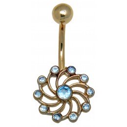 9k gold belly button piercing, swirling sun with light blue crystals