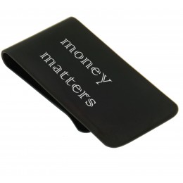 Money clip made of stainless steel PVD coated black with individual engraving, example: MONEY MATTERS