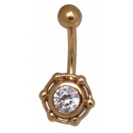 18k gold belly button piercing, white crystal surrounded by small gold balls