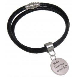 Black leather bracelet with python print and individual engraving on a round stainless steel pendant 17cm / 18cm / 19cm / 20cm 