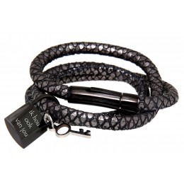 Real leather bracelet dark gray with python print triple wrapped with black lock pendant with stainless steel magnetic clasp 17