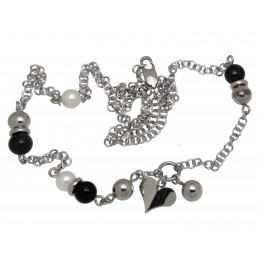 Stainless steel necklace with black onyx beads, polished steel beads, beads and heart pendant