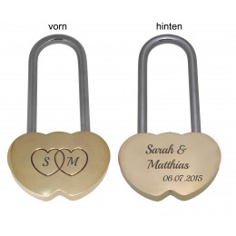 Brass double heart lock with engraving