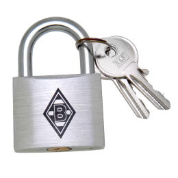 Silver aluminum fan lock with Borussia logo on the front, back with individual engraving