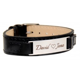 Narrow black leather bracelet with matted engraving plate and individual engraving
