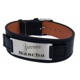 Black leather bracelet with a steel plate and individual engraving