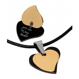 Double heart pendant made of PVD-coated stainless steel with your desired engraving, black and gold