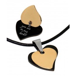 Double heart pendant made of PVD-coated stainless steel with your desired engraving, black and gold
