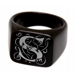 Signet ring made of stainless steel black PVD coated and rectangular with a letter as a monogram