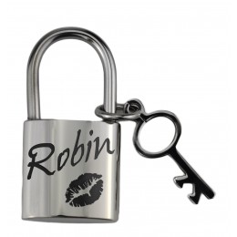 Necklace pendant lock made of stainless steel with an attached key and individual engraving