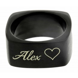 Square stainless steel ring, black PVD coated, 9mm wide with your individual engraving