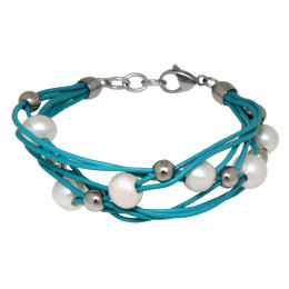 Leather bracelet turquoise with white freshwater pearls and silver artificial pearls